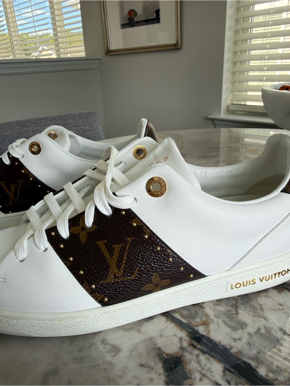Louis Vuitton White and Brown Monogram Leather Sneakers